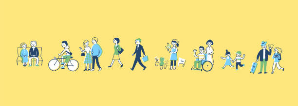 illustrazioni stock, clip art, cartoni animati e icone di tendenza di illustrazione di varie persone di tutte le età che camminano - senior adult wheelchair community family