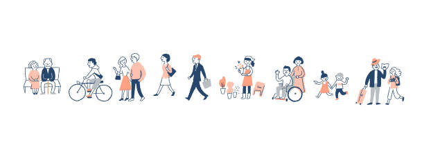 ilustrações de stock, clip art, desenhos animados e ícones de illustration of various people of all ages walking - senior adult wheelchair community family