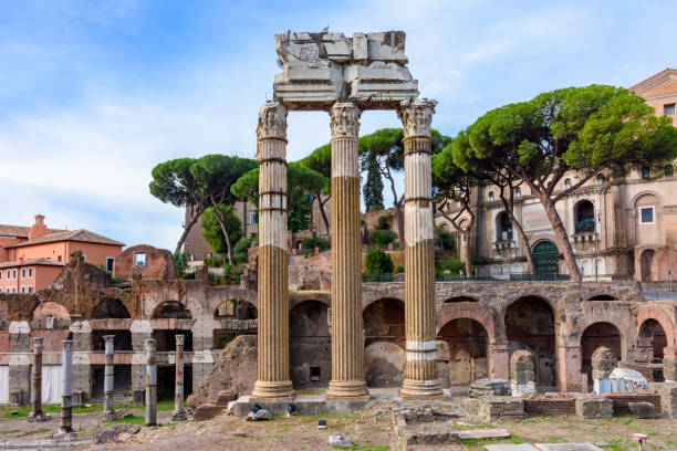 temple of venus genetrix columns in roman forum, rome, italy - het forum van rome stockfoto's en -beelden