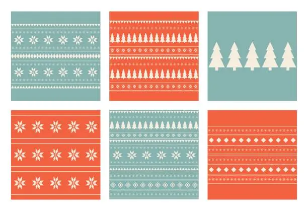 Vector illustration of Set of Christmas and New Year seamless patterns. Fair Isle flat knitted pattern with Scandinavian snowflakes, Christmas trees and deer for winter hat, sweater, jumper, paper or other designs.