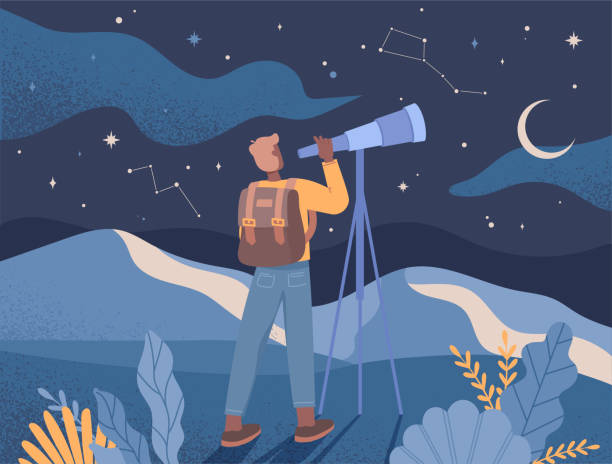 Man watching starry sky Man watching starry sky. Young guy looks through binoculars at night sky, cosmos, astrology and astronomy, interesting hobbies. Poster or banner for website. Cartoon flat vector illustration starry sky telescope stock illustrations