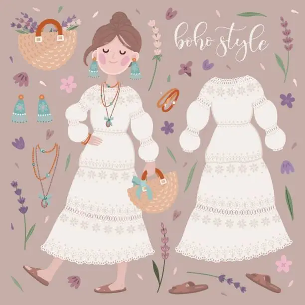 Vector illustration of Boho girl and outfit 3