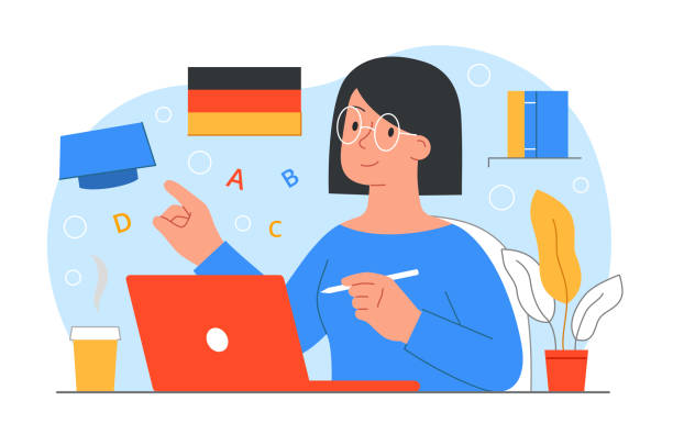 illustrations, cliparts, dessins animés et icônes de apprentissage de l’allemand en ligne - wisdom university single word student