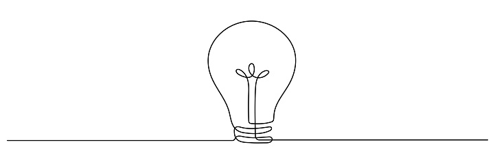 Light bulb one continuous line drawing. Electric lamp. Brainstorm linear symbol. Vector isolated on white.