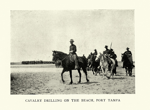 Vintage illustration after a photograph of United States Army cavalry, Drill on beach Port Tampa, Florida, Spanish–American War 19th Century military history