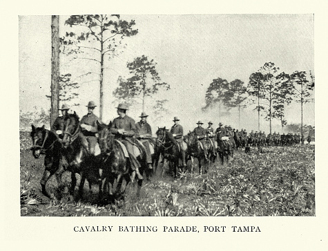 Vintage illustration after a photograph of United States Army cavalry, bathing parade, Port Tampa, Florida, Spanish–American War 19th Century military history