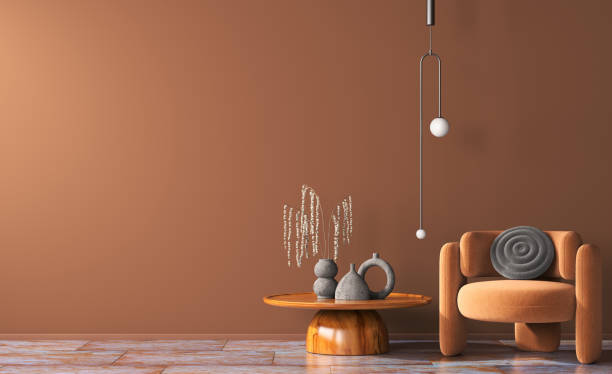 Interior of modern living room with wooden coffee table and orange armchair, empty wall. Home design. 3d rendering Interior of modern living room with wooden coffee table and orange armchair with gray cushion, empty wall. Pendant light. Home design. 3d rendering art deco vase stock pictures, royalty-free photos & images