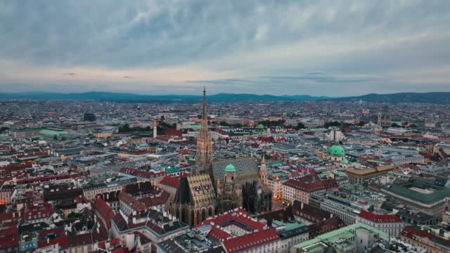illumination flight over vienna city district aerial panorama. Austria