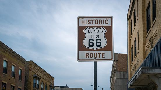 Famous US Route 66 sign along highway in New Mexico