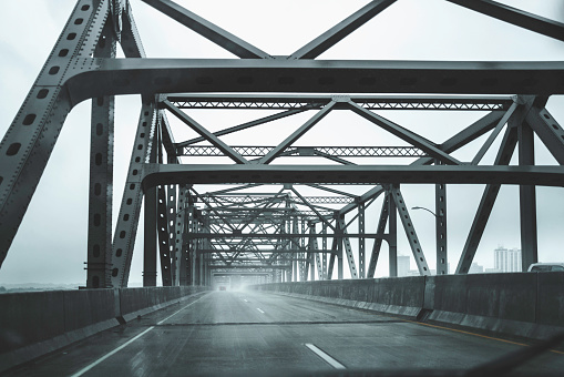 The Murray Baker Bridge in a rain storm on Interstate 74 and Illinois Route 29 over the Illinois River in Peoria, central Illinois