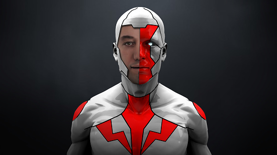 Man in superhero costume looking towards camera with armored mask on his face. Illuminated eyed futuristic superhero character. A new generation movie and video game character. / You can see the animation movie of this image from my iStock video portfolio. Video number: 1439966553