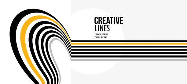 Vector illustration of 3D black and yellow lines in perspective abstract vector background, linear perspective illustration op art.