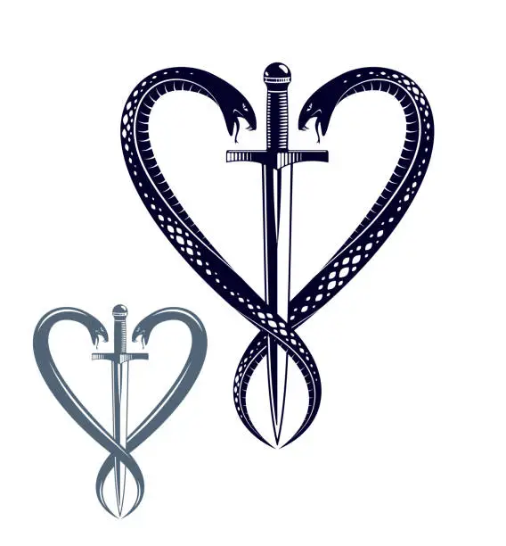 Vector illustration of Dagger and two snakes in a shape of heart vector vintage style emblem or logo, chivalry love and honor concept, medieval Victorian style.