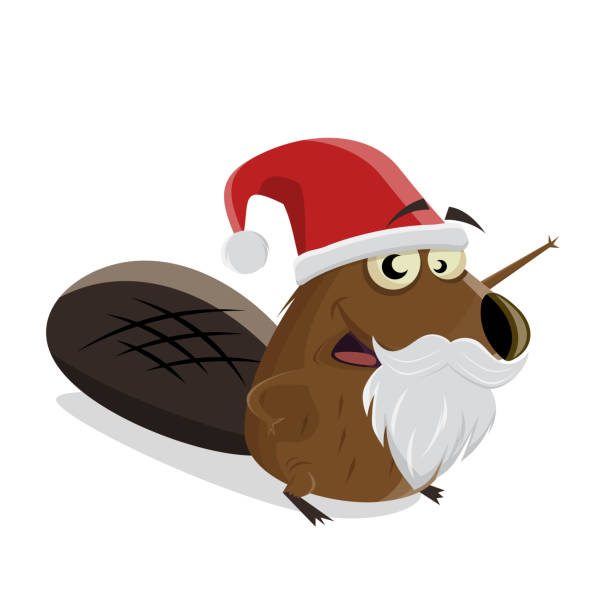 забавный мультяшный бобер с рождественской шляпой - masc stock illustrations