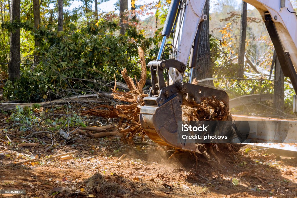 A landscaping company was using tractors and skid steers and tractors to clear the land of roots for the construction of a housing subdivision in a residential area. Landscaping company was using tractor skid steers to clear land of roots for construction housing subdivision Tree Stump Stock Photo