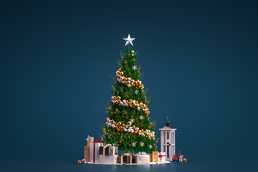 3d rendering of Christmas tree and gifts or present boxes with decoration or xmas balls in front of blue background and copy-space for web advertising