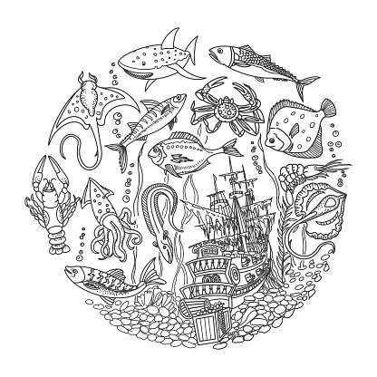 Sunken pirate ship, underwater world, fish, treasures doodles. Vector illustration.