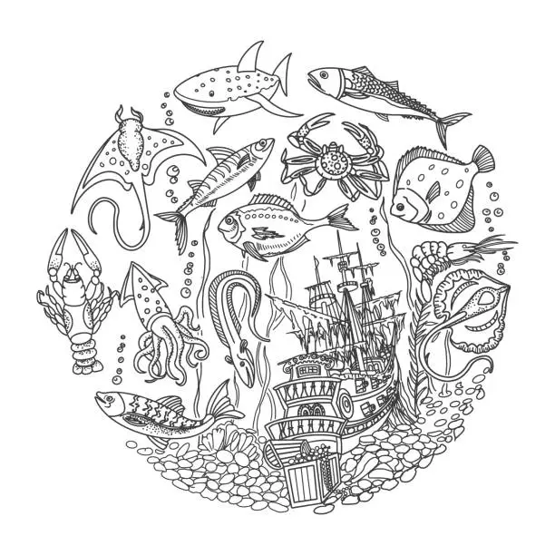 Vector illustration of Sunken Pirate ship, Underwater World, Fish, Treasures Doodles