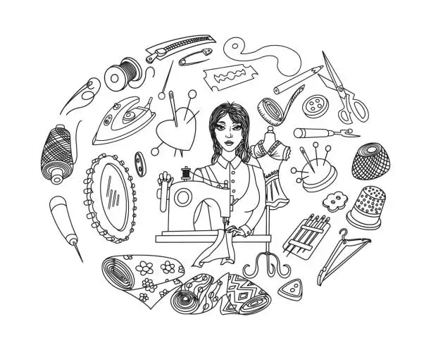 Vector illustration of Cutting and Sewing Doodles Circle Composition