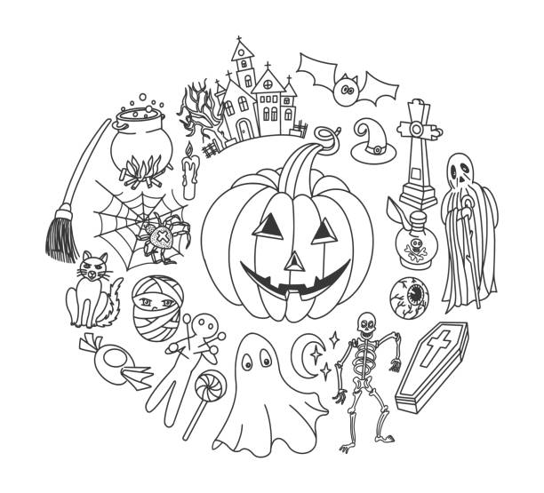 набор каракулей на хэллоуин - bat halloween human eye horror stock illustrations