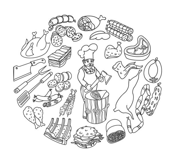 Meat, Sausages, Meat Products Doodles Meat, sausages, meat products doodles. Vector illustration. drumstick stock illustrations