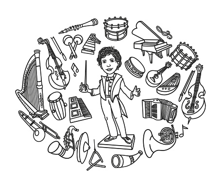 Musical Instruments and Conductor Orchestra doodles. Vector illustration.
