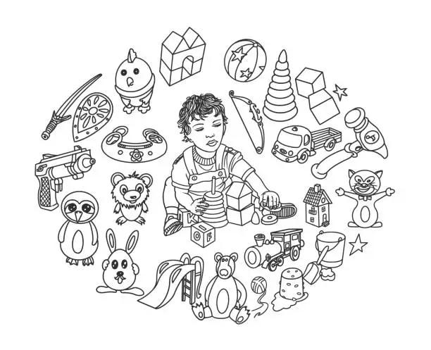 Vector illustration of Child Playing with Toys, Children's Room Doodles, Kids Toys Circle Composition