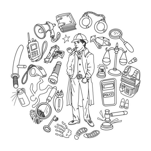 detektyw doodles set circle composition - detective inspector forensic science searching stock illustrations