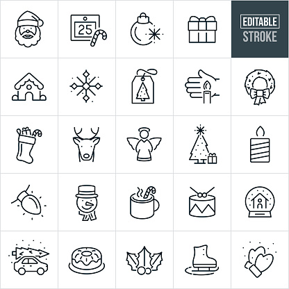 A set of Christmas icons that include editable strokes or outlines using the EPS vector file. The icons include a Santa Claus, Old St Nick, Calendar Date, Christmas Day, bulb ornament, wrapped present, gingerbread house, snowflake, Christmas tag, candle, holiday wreath, Christmas lights, reindeer, angel, Christmas tree with present underneath, burning candle, stocking filled with gifts, snowman, candy cane, drum, snow globe, car with Christmas tree tied to the top, bun cake, holly, ice skate and mittens.