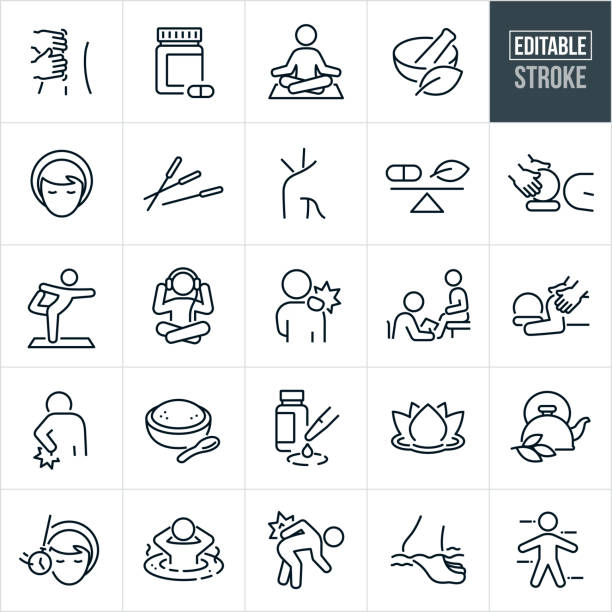 Alternative Medicine Thin Line Icons - Editable Stroke A set of alternative medicine icons that include editable strokes or outlines using the EPS vector file. The icons include a person getting a massage, alternative medicine in the form of natural supplements, person meditating, mortar and pestle, woman at the spa, woman doing yoga, scale weighing a pill and natural substance against each other, acupuncture needles, person getting acupuncture, person getting a facial massage, person listening to music, person with back pain, person receiving a health exam from a medical professional, person getting shoulder massaged, bath salts, natural oils, lotus flower, herbs, woman being hypnotized, person soaking in hot springs, foot in spa and other related icons. alternative healthcare worker stock illustrations