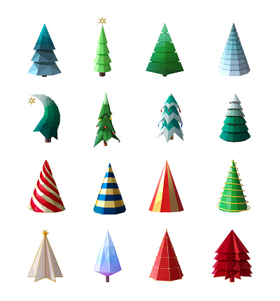 Christmas Trees, low poly set. Vector illustration.