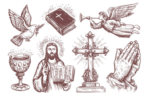 illustrazioni stock, clip art, cartoni animati e icone di tendenza di sacra bibbia, mani giunte in preghiera, schizzo di angelo. set di simboli religiosi. collezione di illustrazioni vettoriali vintage - religious illustration