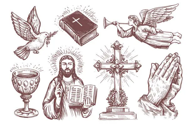 Vector illustration of Holy Bible, hands folded in prayer, angel sketch. Religion symbols set. Collection of vintage vector illustrations