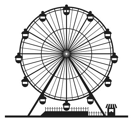 Amusement park ferris big wheel black silhouette isolated on white background