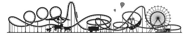ilustraciones, imágenes clip art, dibujos animados e iconos de stock de silueta horizontal del parque de atracciones. fondo de montaña rusa - amusement park illustrations