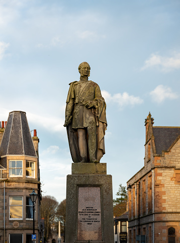 9 November 2022. Huntly,Aberdeenshire,Scotland. This is the monument for Charles Gordon Lennox in the Square at Huntly Town Centre as the sun was setting for the day.