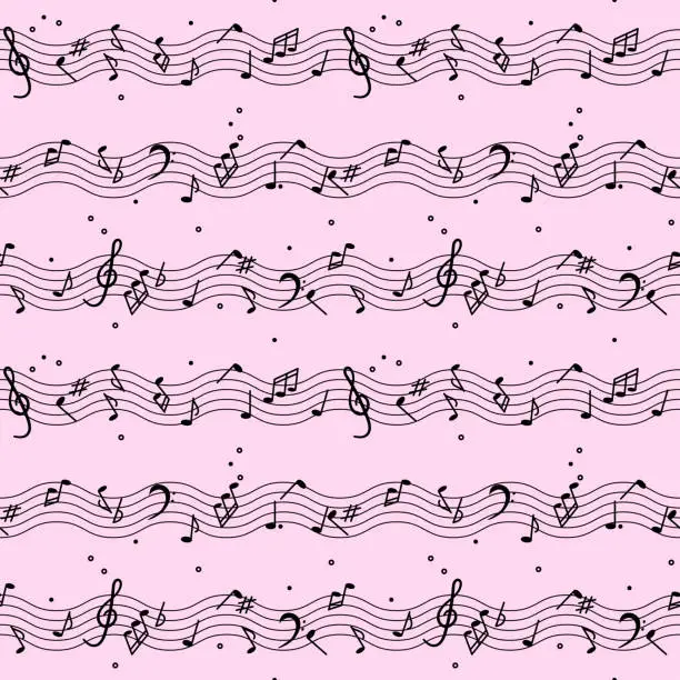 Vector illustration of Seamless pattern decorated with musical symbols. Vector illustration with melodic symbols, musical notes, treble clef in black color on a light pink background for design decoration.