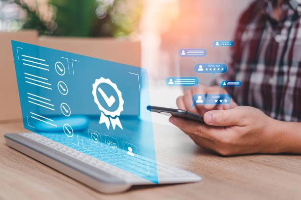 istock Customer rating to service experience and Warranty concept, Employees check smart documents  and use smartphone to chat with customers with satisfaction rating and customer  service for development 1440624837