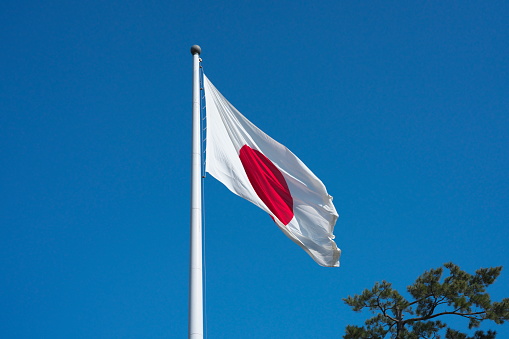 Shimane,Japan - November 8, 2022: National flag of Japan on autumn blue sky background