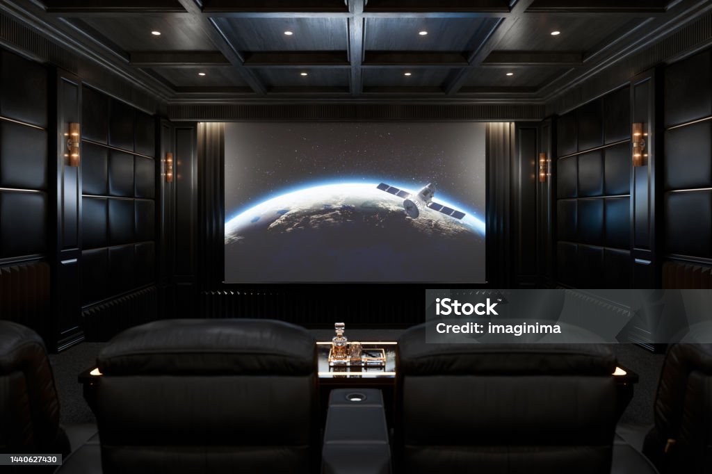 Private Luxury Home Cinema Room The interior of the private movie theater of a luxury mansion with leather recliners, built-in ceiling speakers and large projection screen.
(World map texture courtesy of NASA: https://visibleearth.nasa.gov/view.php?id=55167) Entertainment Center Stock Photo