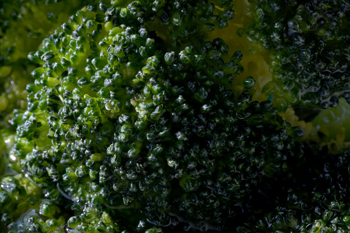 Macro view of broccoli half soaked in water.