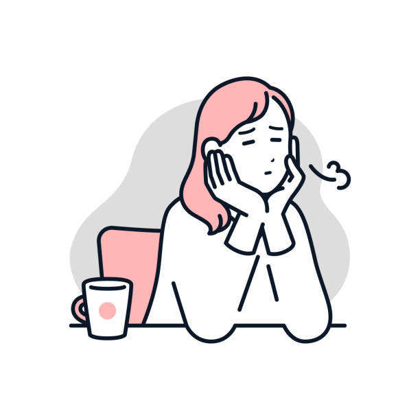 A simple vector illustration material of a young woman who is worried about holding her cheek A simple vector illustration material of a young woman who is worried about holding her cheek stomach ache illustrations stock illustrations