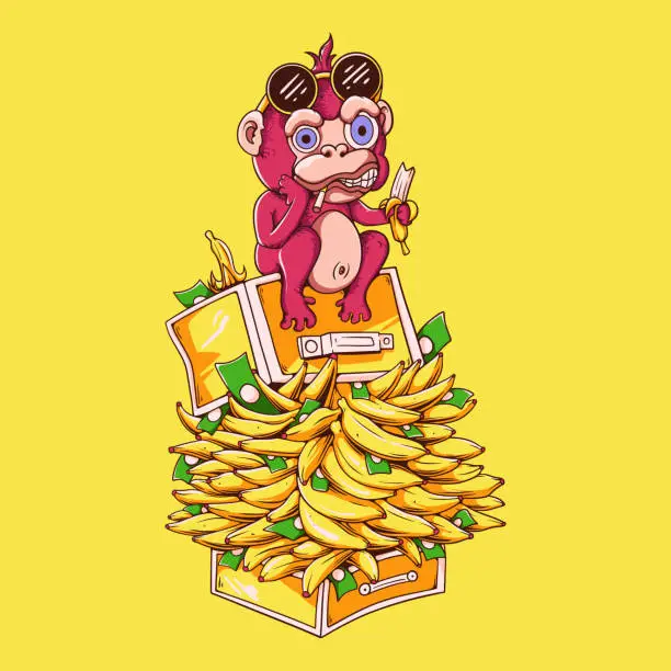 Vector illustration of Vector Illustration Colorful Monkey Sit On the Bunch Of Bananas While Eating Banana Vintage Illustration