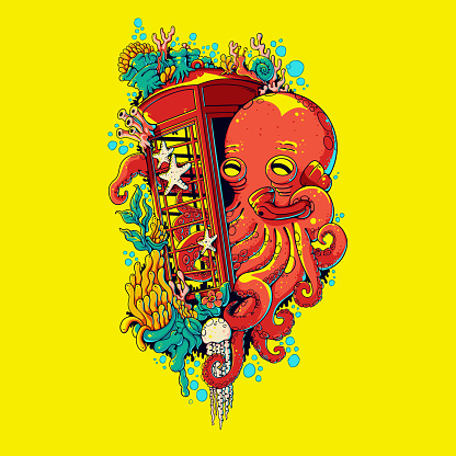 Vector Illustration Colorful Octopus Pick Up Phone In The Phone box Under Water Vintage Illustration
