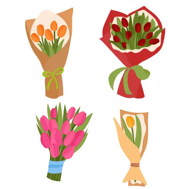 Vector illustration of Collection of tulips bouquet vector illustrations. Set of isolated flowers in craft paper packaging