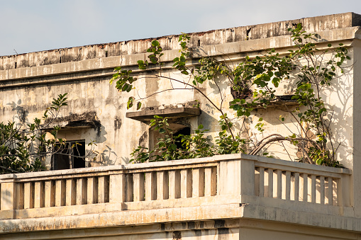 Pondicherry, India - January 2020: Balcony of an old French era bungalow overgrown with plants in the heritage town of Pondicherry.