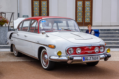 Baden-Baden, Germany - 14 July 2019: white red Tatra 603 from Czechoslovakia, oldtimer meeting in Kurpark.
