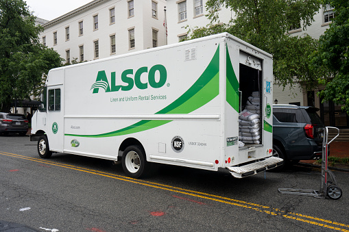 Washington, DC, USA - June 23, 2022: An Alsco service vehicle is seen outside the Republican National Committee building in Washington, DC. Alsco is a linen and uniform-rental business service provider.