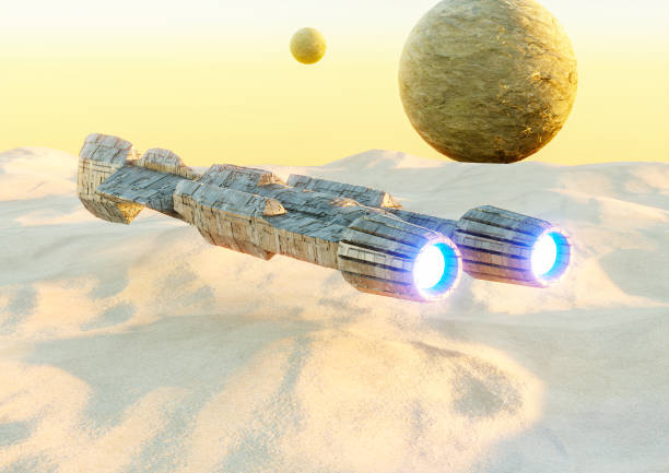 istock sci-fi scene spaceship flying over planet desert. Ship in futuristic landscape 1440645334