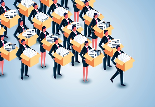 Isometric group of businessmen carrying piles of documents in cardboard boxes left the office, unemployment, dismissal, career crisis, economic crisis leading to massive layoffs